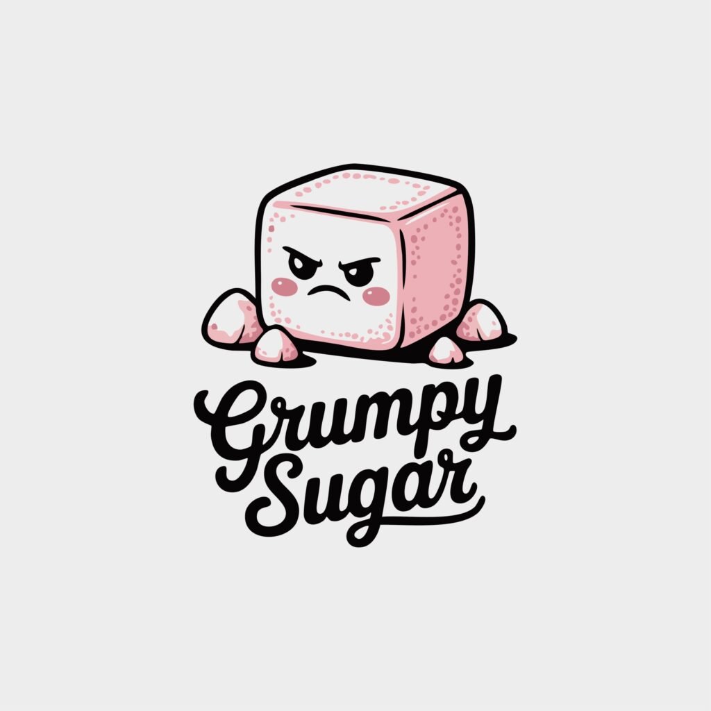Logo design for Grumpy Sugar featuring an angry piece of sugar cartoon character.